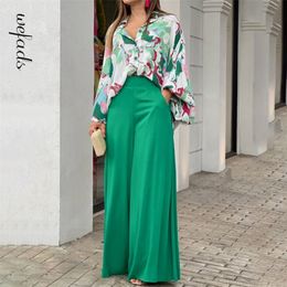 Women's Two Piece Pants Wefads Womens Sets Sexy Long Puff Sleeve Shirt Elegant Solid Color Wide Leg High Streetwear 220919