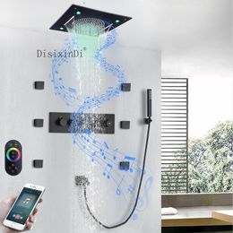 Ceiling Concealed 16 Inch LED Shower Head with Music Speaker Rain and Waterfall Bathroom Thermostatic Shower Faucet Set