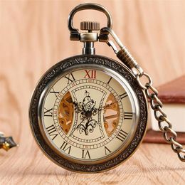 Pocket Watches Roman Numerals Open Face Pendant Mechanical Watch Flower Pattern Display Bronze Manual Antique Clock