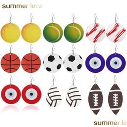 Dangle Chandelier New Fashion Football Baseball Sports Round Pu Leather Earring Teardrop Printing Dangle For Independence Day Women Dhzey