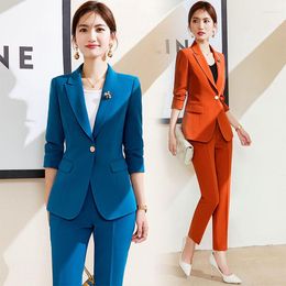 Women's Two Piece Pants Long Sleeve Fashion Temperament Pure Colour Blazer Fabric Black Formal Dress Peacock Blue Work Uniforms Airline