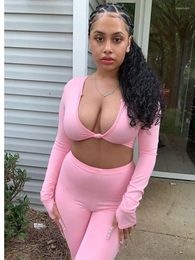 Women's Two Piece Pants Pink Solid Colour Commuter Long Sleeve Motorcycle Style Short Top Woman Two-piece Biker Shorts Set Club Outfits