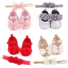 Newborn Baby Girls Shoes With Headband Flower Print Bow Kids Footwear Infant Toddler Soft Sole Party Princess Shoes