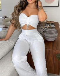 Women's Two Piece Pants Set Women Top And Womens Outfits Plain Drawstring Bandeau Sleeveless & Shirred High Waist Long Sets