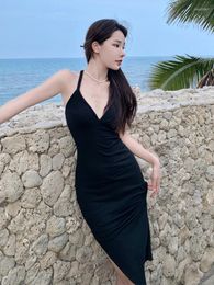 Casual Dresses Black Elegant Women Evening Dress Chic Simple Knit Deep V Strap Backless Bodycon Slit Midi Club Sexy Robe Femme Mujer