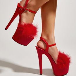 Sandals 17cm Stiletto Women Platform Sexy Red Fur Stripper Shoes Summer Nightclubs Pole Dance High Heels Ladies Office