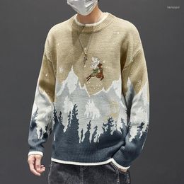 Men's Sweaters Men's Christmas Sweater Pullover Man O-neck Elk Snow Mountain Couple Coat Men's Loose Retro Thickening