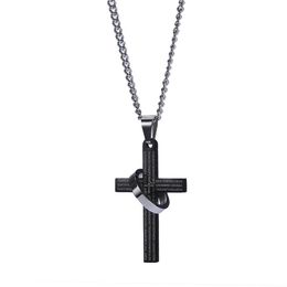 Fashion Mens Silver Chain Bible Ring Cross Pendant Necklace Hip Hop Jewellery Stainless Steel Link Chains Punk Black Necklaces For Men Gi241K