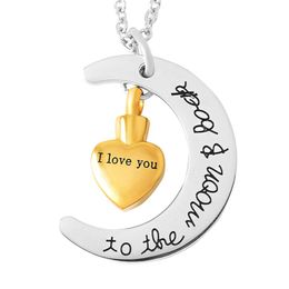 IJD9497 Engraved I LOVE YOU Small Heart Urn Charm Pendant And Moon Together Stainless Steel Cremation Urn Necklace For Ashes224G