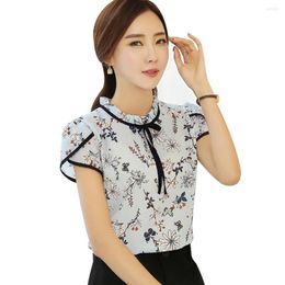 Women's Blouses 2022 Summer Floral Print Chiffon Blouse Women Short Sleeve Slim Tops Shirt Ladies Stand Collar Bow Neck Blusas Mujer