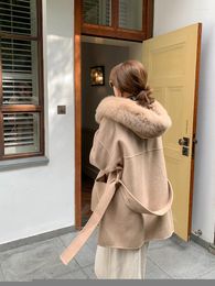 Women's Wool Women's Luxurious Oversized Warm Woollen Long Coat With Real Fur Collar And Cuffs S334