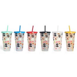 24OZ Halloween Color-Changing Water Tumblers Cold-Changing Drink Straw Cup Fruit Tea PP Temperature-Sensitive Plastic Cups RRB15562