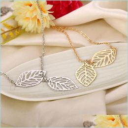 Pendant Necklaces Simple European New Fashion Vintage Punk Gold Hollow Two Leaf Leaves Pendant Necklace Clavicle Chain Charm Jewelry Dhqgb