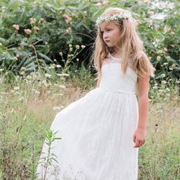 Girl Dresses Lace Ivory Flower Toddler Boho Bow A Line Sleeveless Tea Length O Neck Pageant Gown Dress