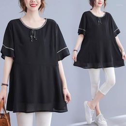 Women's Blouses 125Kg Bust 138cm Women's Summer Black Lace-up Chiffon Shirt 5XL 6XL 7XL 8XL Loose Casual Temperament Short-sleeved Top