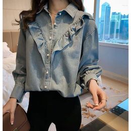 Women's Blouses Spring Korean Lotus Leaf Denim Shirt Women Loose Thin Long Sleeve Basic Blouse Tops Autumn Goth Clothes