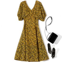 2022 Autumn V Neck Dress Black Floral Print Short Sleeve Mid-Calf Midi Casual Dresses 22L156513