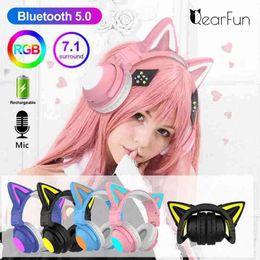 Headsets Wireless Headphones Cat Ear with Mic Blue-tooth Glow Light Stereo Bass Helmets Children Gamer Girl Gifts PC Phone Gaming Headset T220916