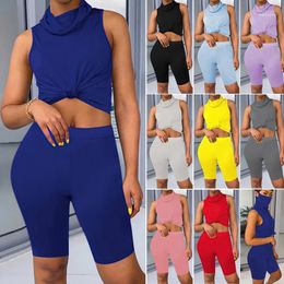 Women's Tracksuits Two Piece Set Scarf Collar Sleeveless T Shirt Crop Shorts Women Tracksuit1