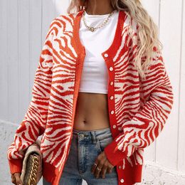 Women s Knits Tees Fashion Red Zebra Stripes Sweater Cardigan for Women Autumn Winter Print Oversized Knitwear Female V Neck Long Sleeve Top 220919