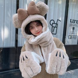 Berets Fashion 2022 Outdoor Plush Winter Warmth Thick Cute Ear Protection Hat Scarf Gloves All-in-one 3-piece Multi-function