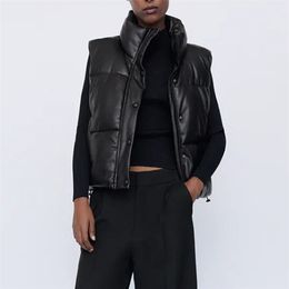 Women's Vests Black Stand Collar Fashion Zipper PU Leather Coats Elegant Autumn Winter Short Female Ladies 220916