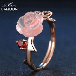 LAMOON Rose Flower 9mm 100% Natural Pink Rose Quartz Adjustable Ring 925 Sterling Silver Jewelry for Women Wedding LMRI025 Y1892606185y