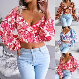 Women's Blouses Spring Summer Floral Chiffon For Women Fashion Holiday Style V Neck Lantern Long Sleeved Navel Short Tops