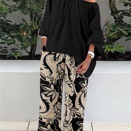 Women's Two Piece Pants Celmia Sets Fashion One Shoulder 3/4 Sleeve Tops Floral Print Wide Leg Trouser Women Casual Loose Suit 220919