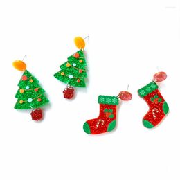 Stud Earrings Trendy Holiday Jewellery Glitter Red Xmas Socks And Green Christmas Tree With Gift Drop Acrylic For Women