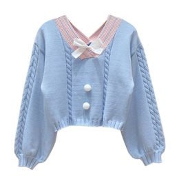 Women's Sweaters Korean Style White Knitted Sweater Women Sweet V Neck with Bow Vintage Pullover Femme Long Sleeve Knitwear Crop Top Pink Jumper 220920