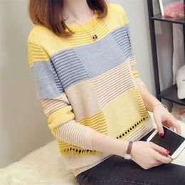 Women's Sweaters Korean Style Women's Autumn Spring Sweaters Stripe Patchwork Knitted Ladies Tops Pull Jumpers O Neck With Long Sleeve Pullovers 220920