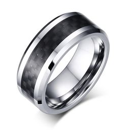 carbon wedding bands NZ - 8mm Tungsten Steel Wedding Band Mens & Womens Tungsten Ring with Black Carbon Fiber Inlay Engraving282e