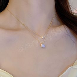 Shiny Zirconia Layered Pendant Necklace For Women 14k Plated Gold Female Simple Chain Necklace Trend Wedding Jewelry Gift