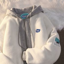 Kadın Hoodies Sweatshirts Hip-Hop Kış Kuzusu Yünlü Kazak Kadın Yastıklı Ceket Çift Üst Moda Sahte İki Parçalı Kadife Kalın Ceket 220919