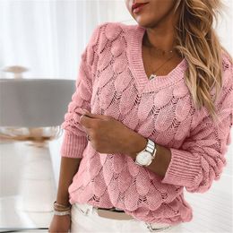 Women's Sweaters Women's Women Solid Colour Knitted Sweater Autumn And Winter Hollow Out Feather Pattern Long Sleeve V-neck Pullover Top