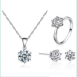 Wedding Jewellery Sets Sier A Level Cubic Zirconi Wedding Jewellery Set 8Mm Rhinestone Pendant Necklaces Rings And Earrings For Women Wit Dhfvb