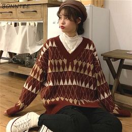 Women's Sweaters Sweaters Women Vintage Argyle Korean Allmatch Chic VNeck Ladies Pullovers Lazy Style Winter Womens Sweater 220920