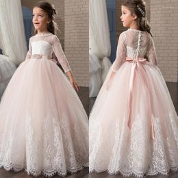 Girl Dresses Arrival Kids Flower For Wedding Long Sleeve First Communion Appliques O-neck Lace Up Bow Sash Vestidos