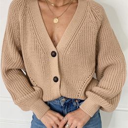 Women s Knits Tees Zoki Women Knitted Cardigans Sweater Fashion Autumn Long Sleeve Loose Coat Casual Button Thick V Neck Solid Female Tops 220919