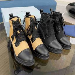 Tasarımcı Ayakkabı Botları Plak Boot Siyah Savaş Dantel Yukarı Topuklar Kış Deri Ayak Bileği Botları Moda Bots Tıknaz Topuk Önuk Kutu 35-41