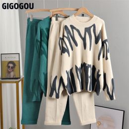 Women's Two Piece Pants GIGOGOU OverSized Tie Dye Winter Knit Set Women Harem Pant Suits Loose Sweaters Jogging Knitted Tracksuit Outfits 220919