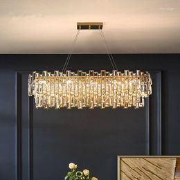 Chandeliers Luxury Dining Room Oval E14 Led Pendant Lights Plate Gold Steel Lamp K9 Crystal Luminarias Hanging Fixtures