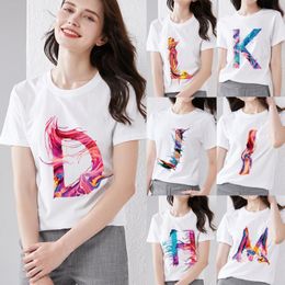 Women's T Shirts Women's T-Shirt Casual Slim Female Clothing 26 English Alphabet Paint Series Commuter Round Neck Top Breathable