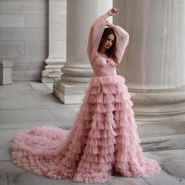 L￤ssige Kleider Vintage Langarm rotes T￼ll -Abendkleider rosa ma￟geschneiderte Sweep -Zug R￼schen formelle Partykleid Brautr￼cken Korsett