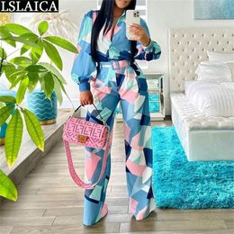 Women's Two Piece Pants Wholesale Items Set Women Long Sleeve Turn-down Autumn Fashion 2 Sets Elegance Party Club Printed Suits 220919