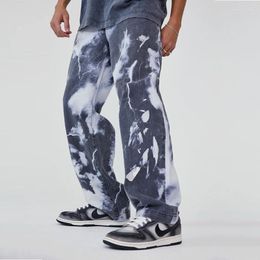 Men's Jeans Men's High Quality Street Washed Tie Dye Printed Denim Trousers Men Hip Hop Wide Leg Straight PantsMen's