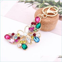 Key Rings Rhinestone Butterfly Keychains Rainbow Colorf Gold Fashion Crystal Key Chains Jewellery Gift Animal Bag Pendant Charms Car Ke Dhgls