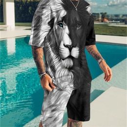 Men's Tracksuits 2-Piece Sportswear Black and White Lion 3D Printed T-Shirt Suit Street Casual Two-Piece Oversized Set 220919