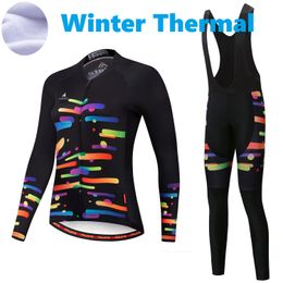 2024 Pro Women Brush Colourful Winter Cycling Jersey Set Long Sleeve Mountain Bike Cycling Clothing Breathable MTB Bicycle Clothes Wear Suit B17